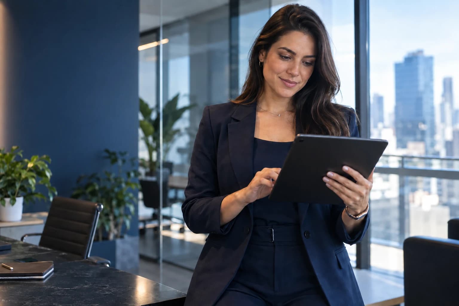 Jovem profissional analisando a gestão da empresa em um tablet