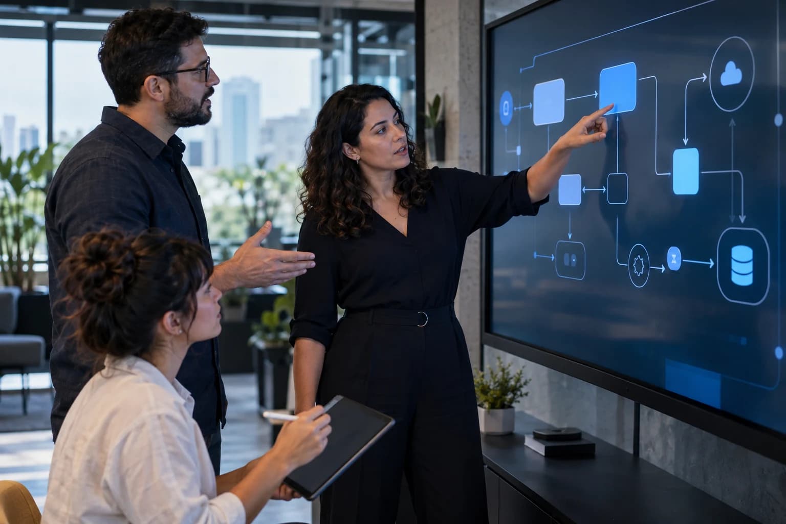 Cliente e especialistas desenhando juntos um fluxo personalizado do sistema